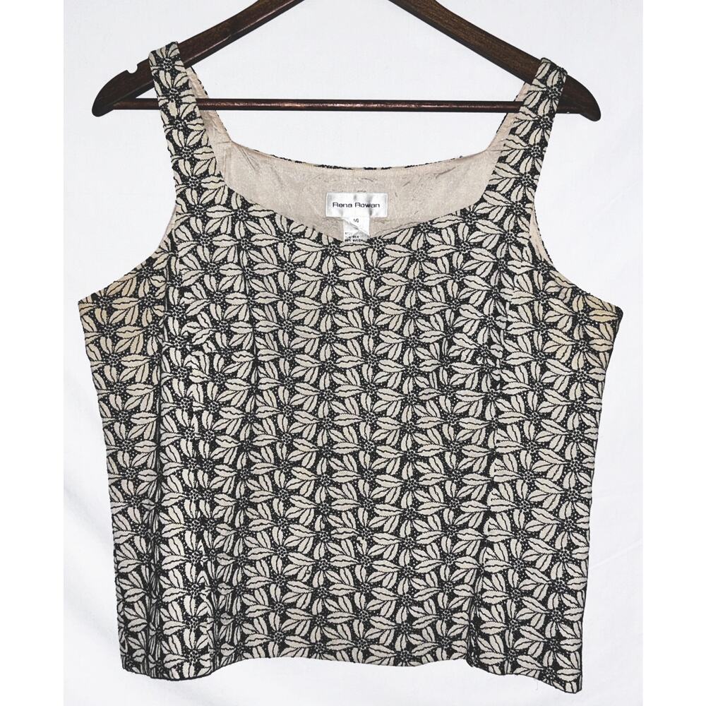 Rena Rowan Women's Size 14 Silk Black & Tan Floral Embroidered Sleeveless Top